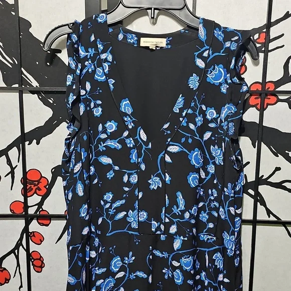 Rebecca Taylor Sleeveless Silk Black and Blue Floral Midi Dress Size 4 - Picture 3 of 8